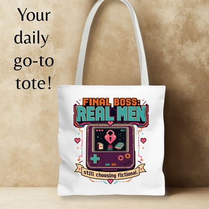 Final Boss Real Men Tote Bag, Funny Book Lover Tote, Fictional Men Reader Gift, Retro Gamer Bookish Bag, Romance Book Lover Tote