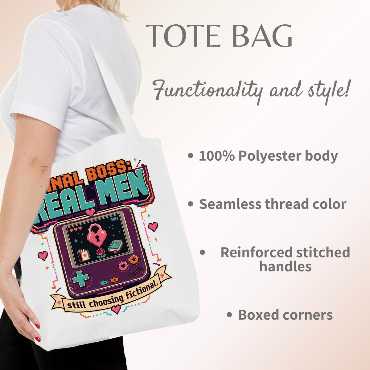 Final Boss Real Men Tote Bag, Funny Book Lover Tote, Fictional Men Reader Gift, Retro Gamer Bookish Bag, Romance Book Lover Tote