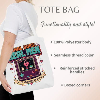 Final Boss Real Men Tote Bag, Funny Book Lover Tote, Fictional Men Reader Gift, Retro Gamer Bookish Bag, Romance Book Lover Tote