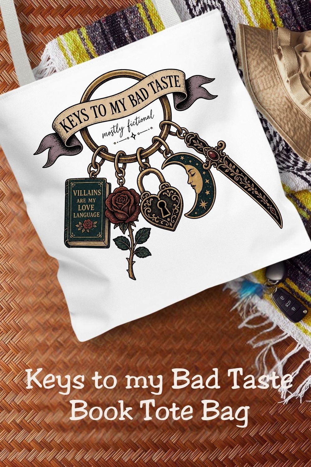 Keys to My Bad Taste Tote Bag, Dark Romance Book Lover Tote, Villains Are My Love Language, BookTok Reader Gift, Gothic Bookish Bag