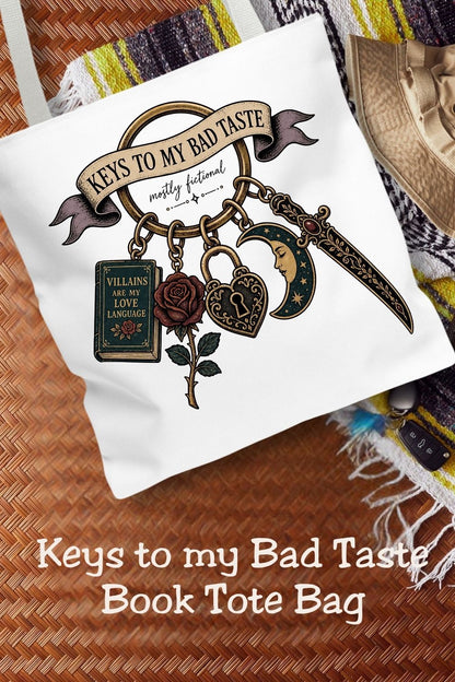 Keys to My Bad Taste Tote Bag, Dark Romance Book Lover Tote, Villains Are My Love Language, BookTok Reader Gift, Gothic Bookish Bag