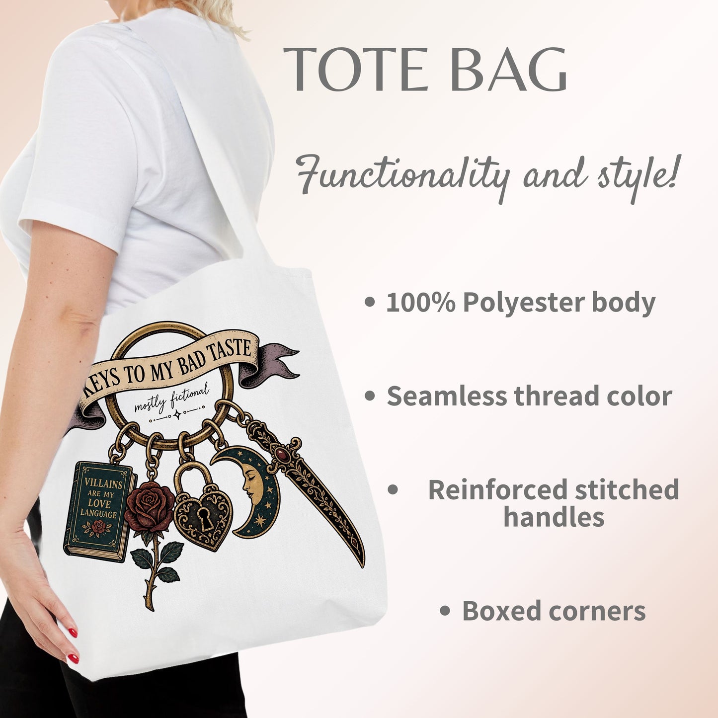 Keys to My Bad Taste Tote Bag, Dark Romance Book Lover Tote, Villains Are My Love Language, BookTok Reader Gift, Gothic Bookish Bag