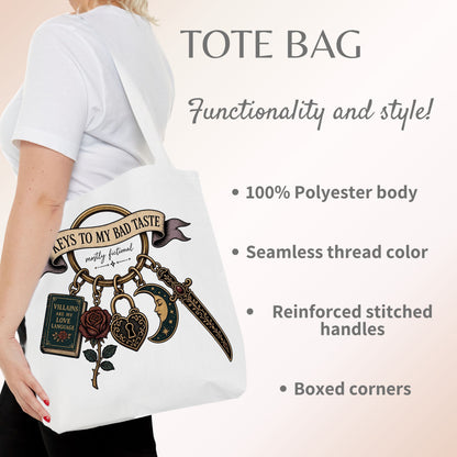 Keys to My Bad Taste Tote Bag, Dark Romance Book Lover Tote, Villains Are My Love Language, BookTok Reader Gift, Gothic Bookish Bag