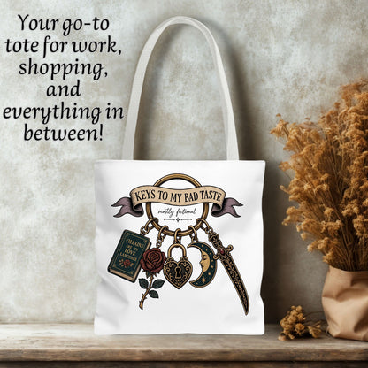 Keys to My Bad Taste Tote Bag, Dark Romance Book Lover Tote, Villains Are My Love Language, BookTok Reader Gift, Gothic Bookish Bag