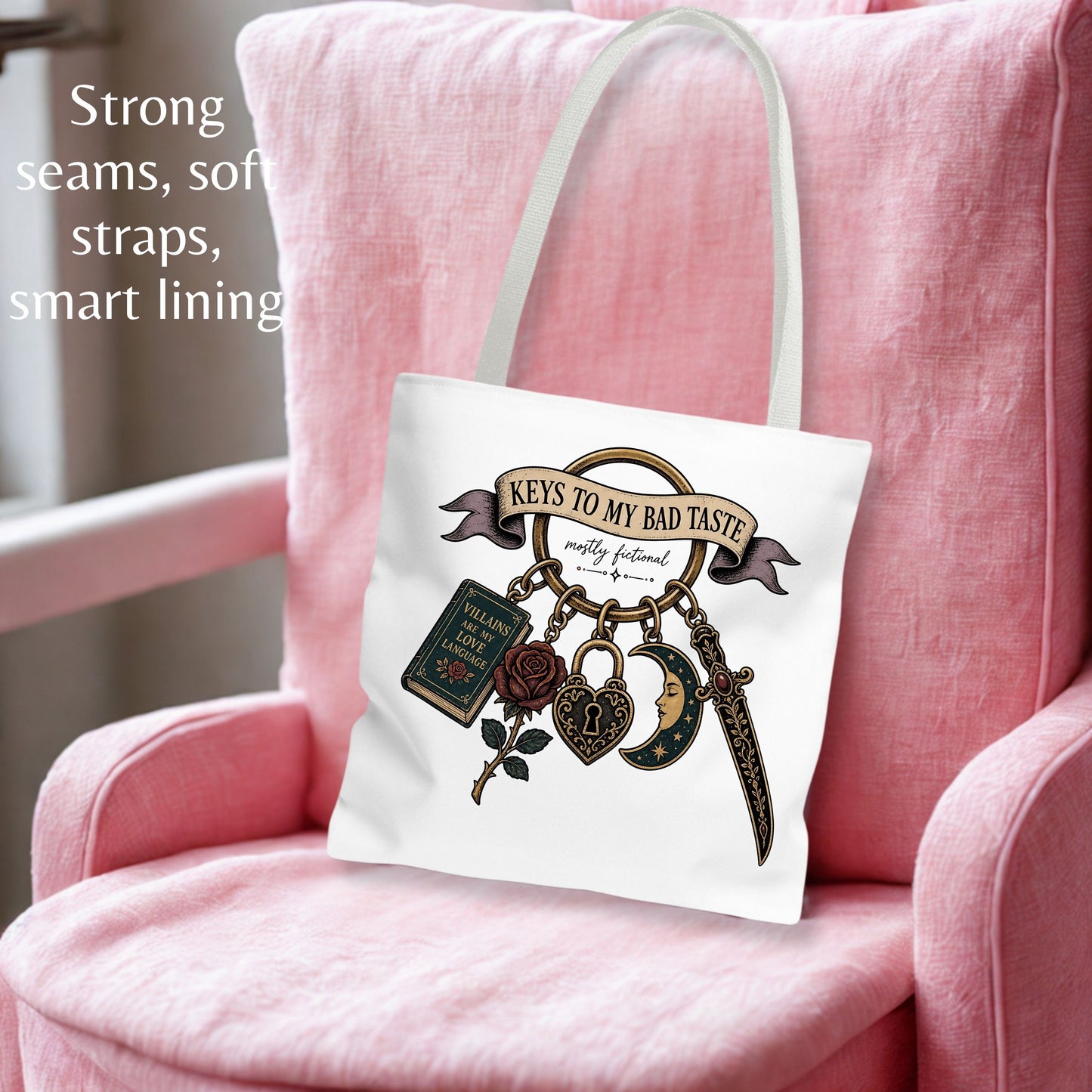 Keys to My Bad Taste Tote Bag, Dark Romance Book Lover Tote, Villains Are My Love Language, BookTok Reader Gift, Gothic Bookish Bag