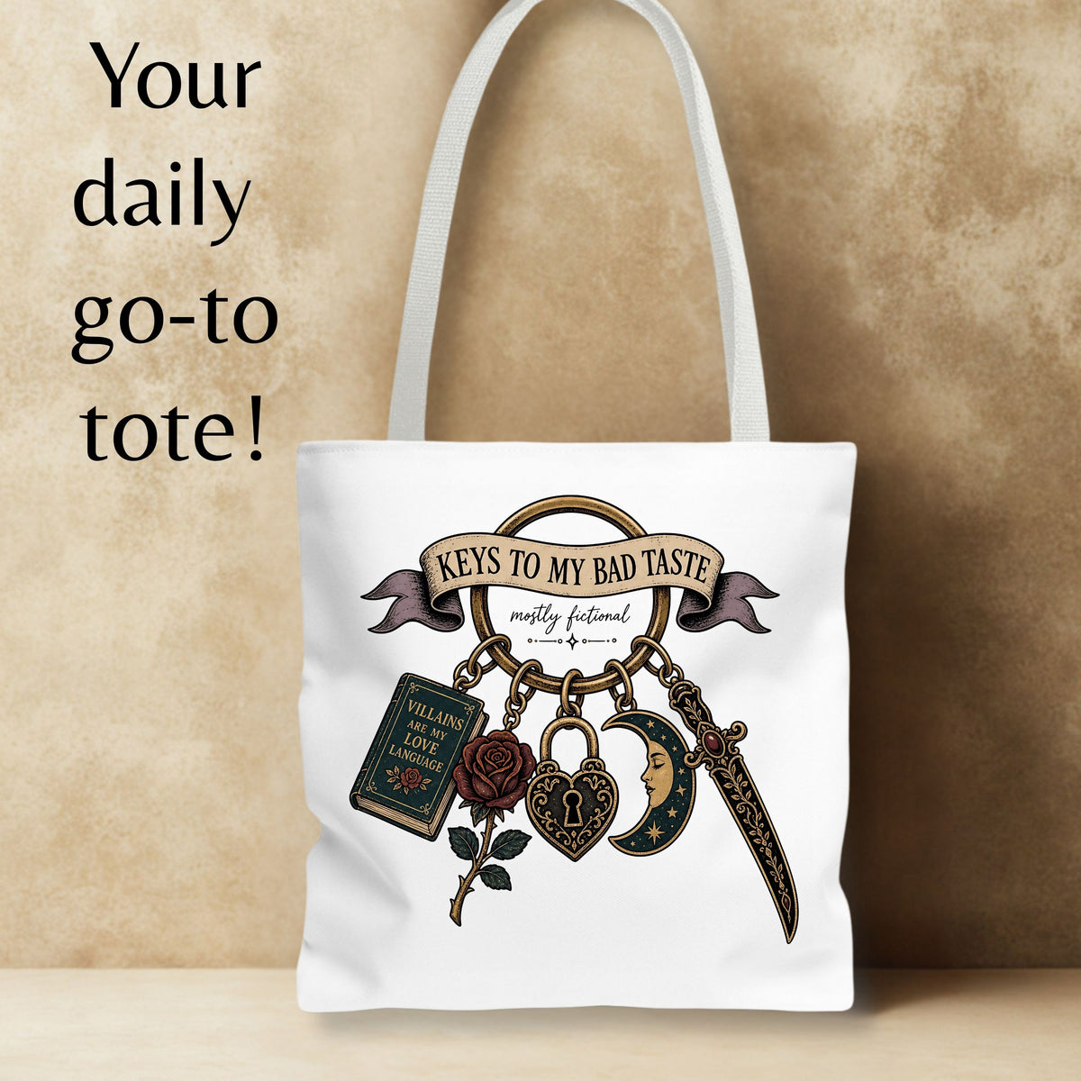 Keys to My Bad Taste Tote Bag, Dark Romance Book Lover Tote, Villains Are My Love Language, BookTok Reader Gift, Gothic Bookish Bag