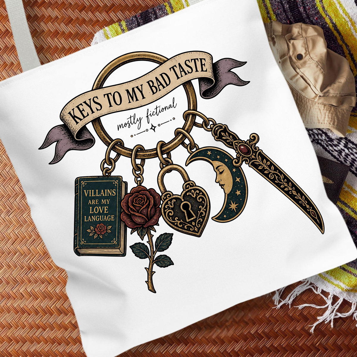 Keys to My Bad Taste Tote Bag, Dark Romance Book Lover Tote, Villains Are My Love Language, BookTok Reader Gift, Gothic Bookish Bag