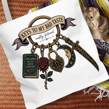 Keys to My Bad Taste Tote Bag, Dark Romance Book Lover Tote, Villains Are My Love Language, BookTok Reader Gift, Gothic Bookish Bag