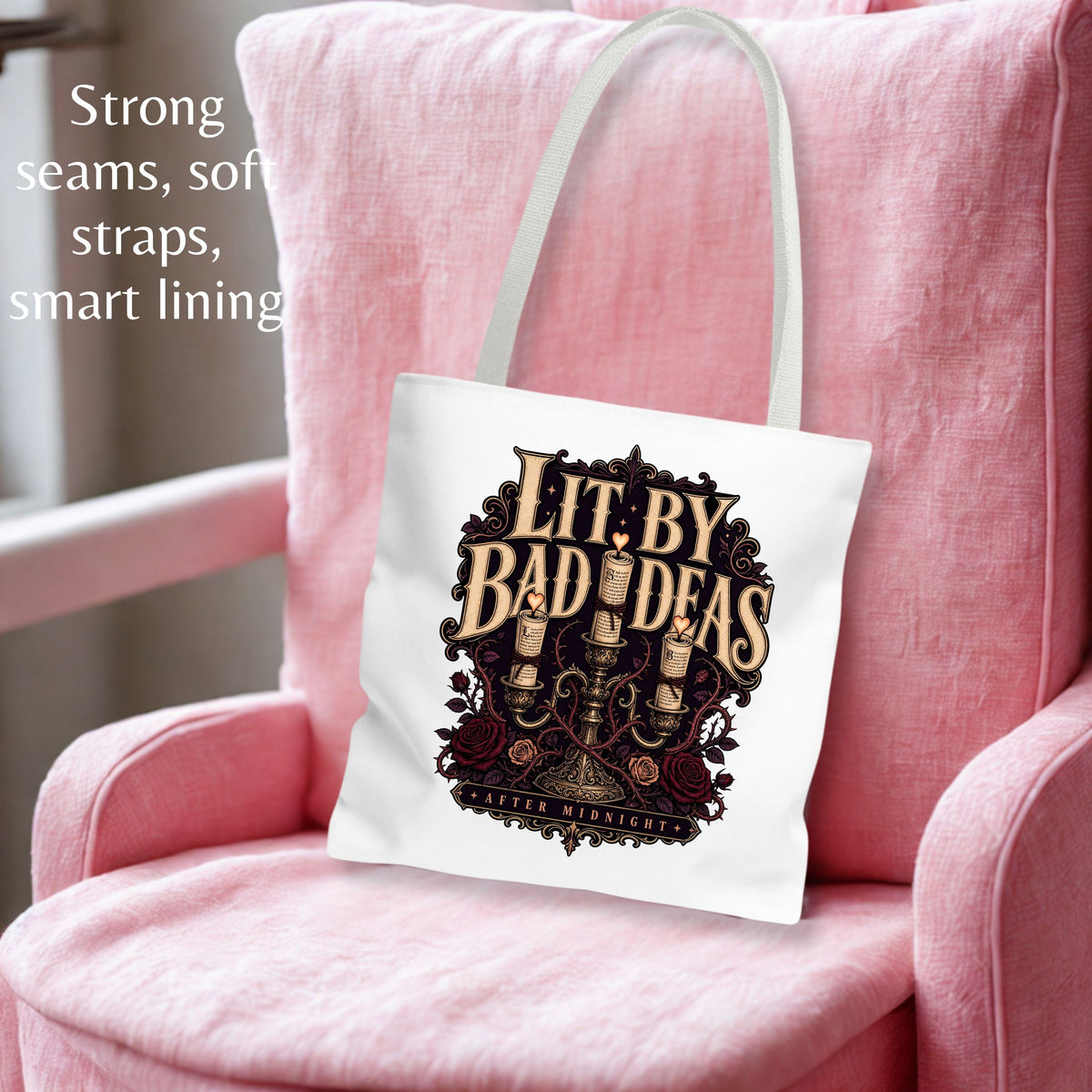Lit By Bad Ideas Tote Bag, Dark Romance Book Lover Tote, After Midnight Reader Gift, Gothic Bookish Bag, BookTok Romance Tote