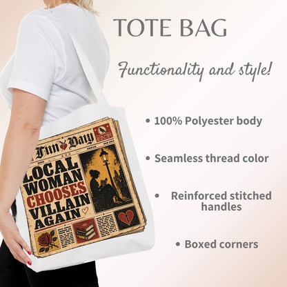 Local Woman Chooses Villain Again Tote Bag, Dark Romance Book Lover Tote, Funny BookTok Reader Gift, Morally Grey Bookish Bag