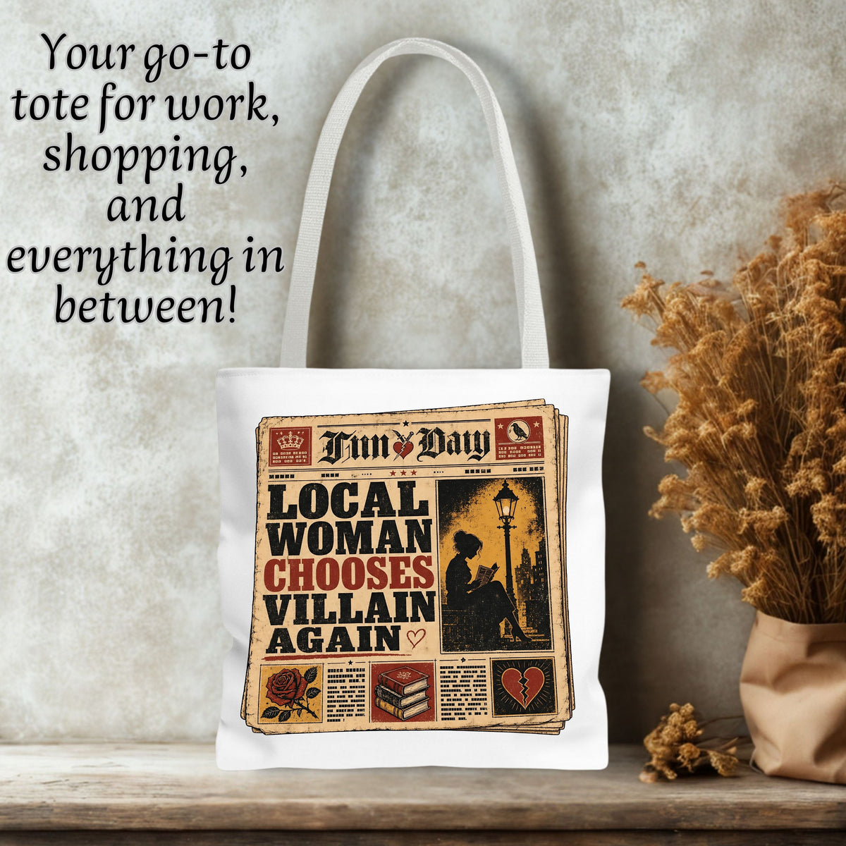 Local Woman Chooses Villain Again Tote Bag, Dark Romance Book Lover Tote, Funny BookTok Reader Gift, Morally Grey Bookish Bag