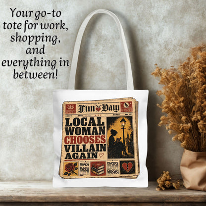 Local Woman Chooses Villain Again Tote Bag, Dark Romance Book Lover Tote, Funny BookTok Reader Gift, Morally Grey Bookish Bag