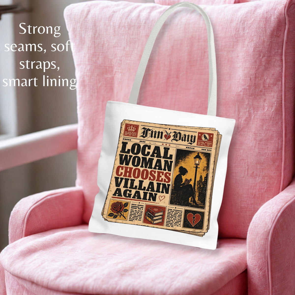 Local Woman Chooses Villain Again Tote Bag, Dark Romance Book Lover Tote, Funny BookTok Reader Gift, Morally Grey Bookish Bag