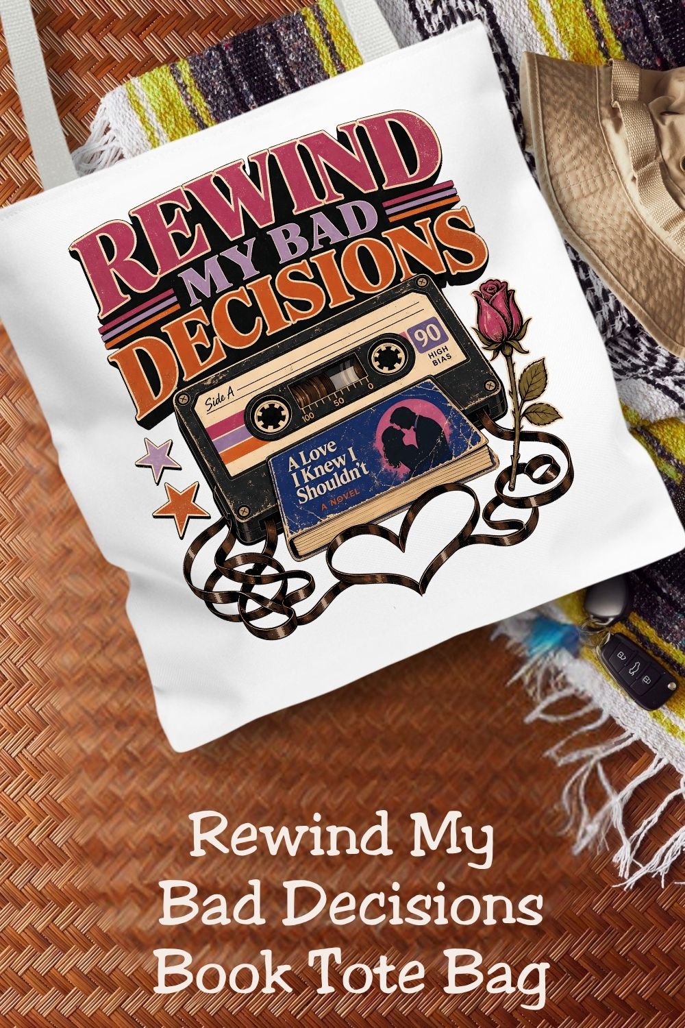 Rewind My Bad Decisions Tote Bag, Retro Book Lover Tote, Romance Reader Gift, BookTok Bag, Funny Fictional Men Bookish Tote