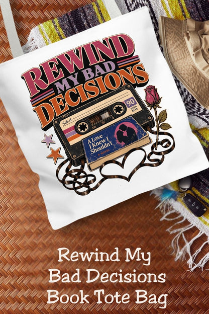 Rewind My Bad Decisions Tote Bag, Retro Book Lover Tote, Romance Reader Gift, BookTok Bag, Funny Fictional Men Bookish Tote