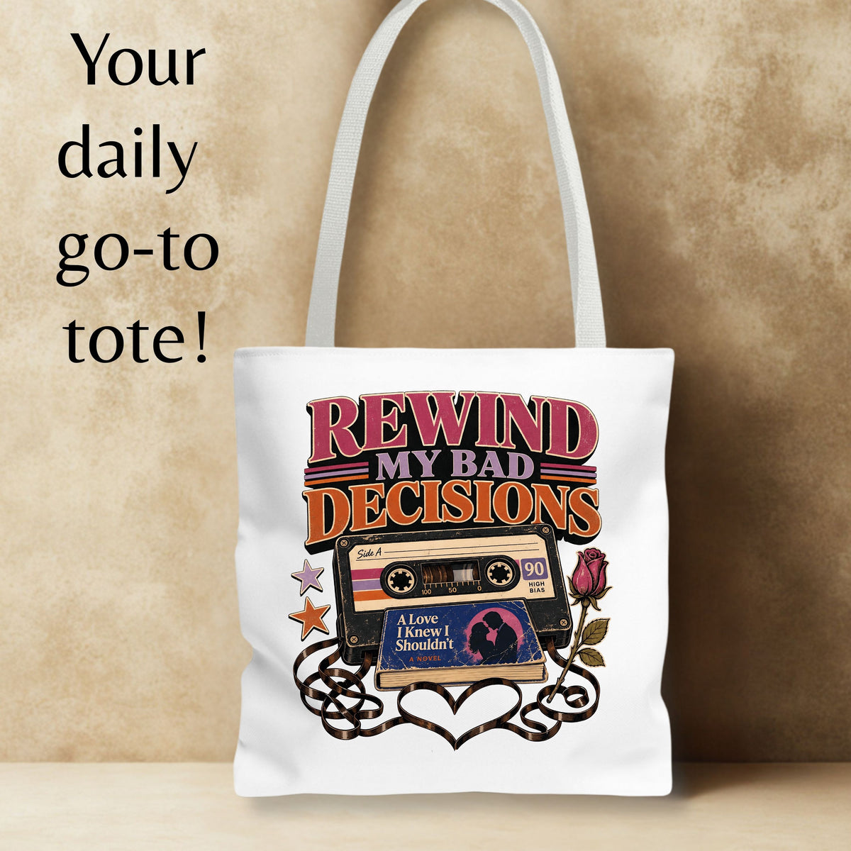 Rewind My Bad Decisions Tote Bag, Retro Book Lover Tote, Romance Reader Gift, BookTok Bag, Funny Fictional Men Bookish Tote