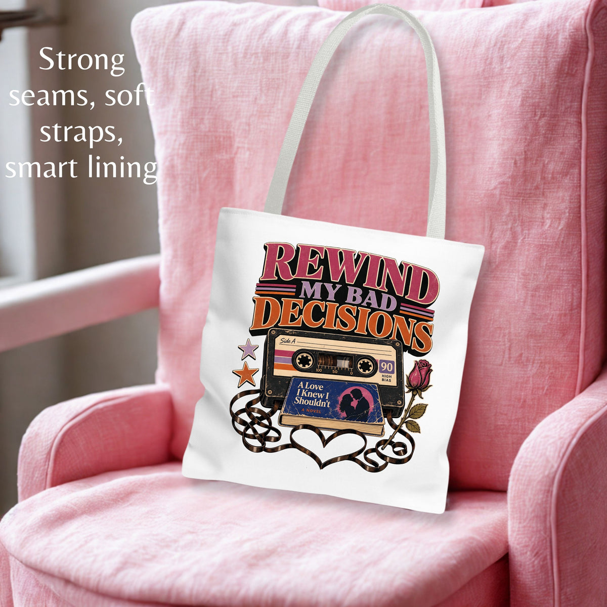 Rewind My Bad Decisions Tote Bag, Retro Book Lover Tote, Romance Reader Gift, BookTok Bag, Funny Fictional Men Bookish Tote