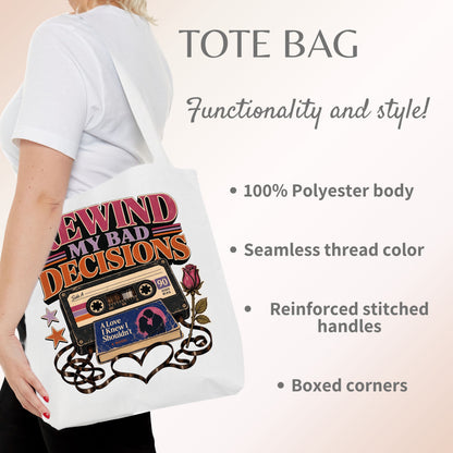 Rewind My Bad Decisions Tote Bag, Retro Book Lover Tote, Romance Reader Gift, BookTok Bag, Funny Fictional Men Bookish Tote
