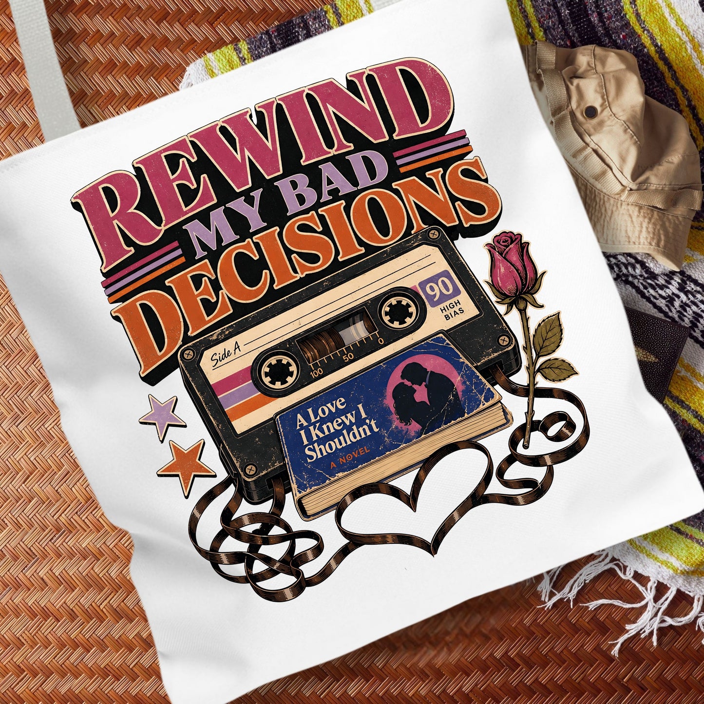 Rewind My Bad Decisions Tote Bag, Retro Book Lover Tote, Romance Reader Gift, BookTok Bag, Funny Fictional Men Bookish Tote