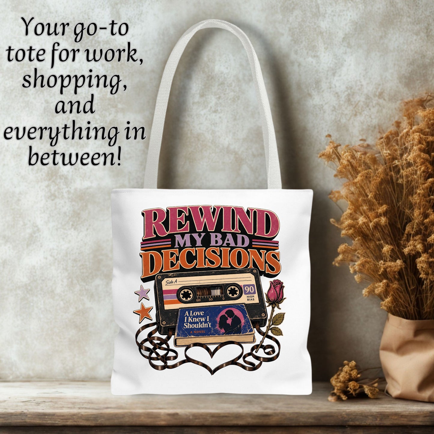 Rewind My Bad Decisions Tote Bag, Retro Book Lover Tote, Romance Reader Gift, BookTok Bag, Funny Fictional Men Bookish Tote