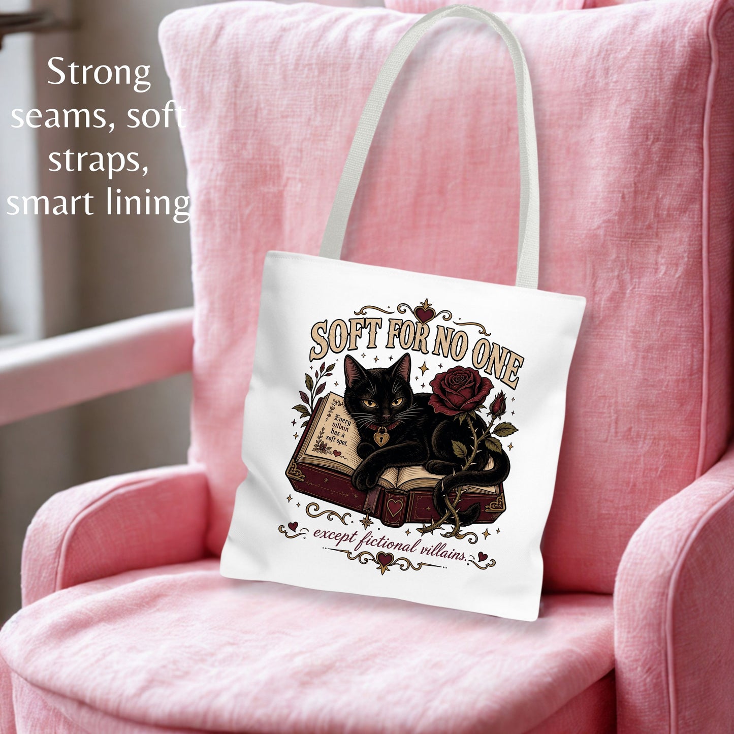 Soft for No One Tote Bag, Except Fictional Villains Tote, Dark Romance Book Lover Bag, Gothic Cat Reader Gift, BookTok Tote
