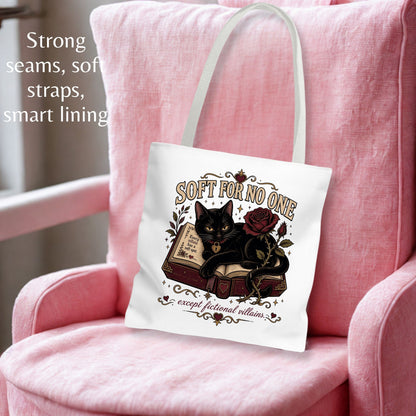 Soft for No One Tote Bag, Except Fictional Villains Tote, Dark Romance Book Lover Bag, Gothic Cat Reader Gift, BookTok Tote