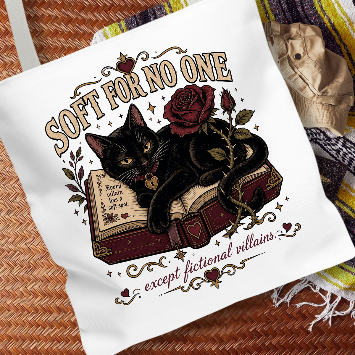 Soft for No One Tote Bag, Except Fictional Villains Tote, Dark Romance Book Lover Bag, Gothic Cat Reader Gift, BookTok Tote
