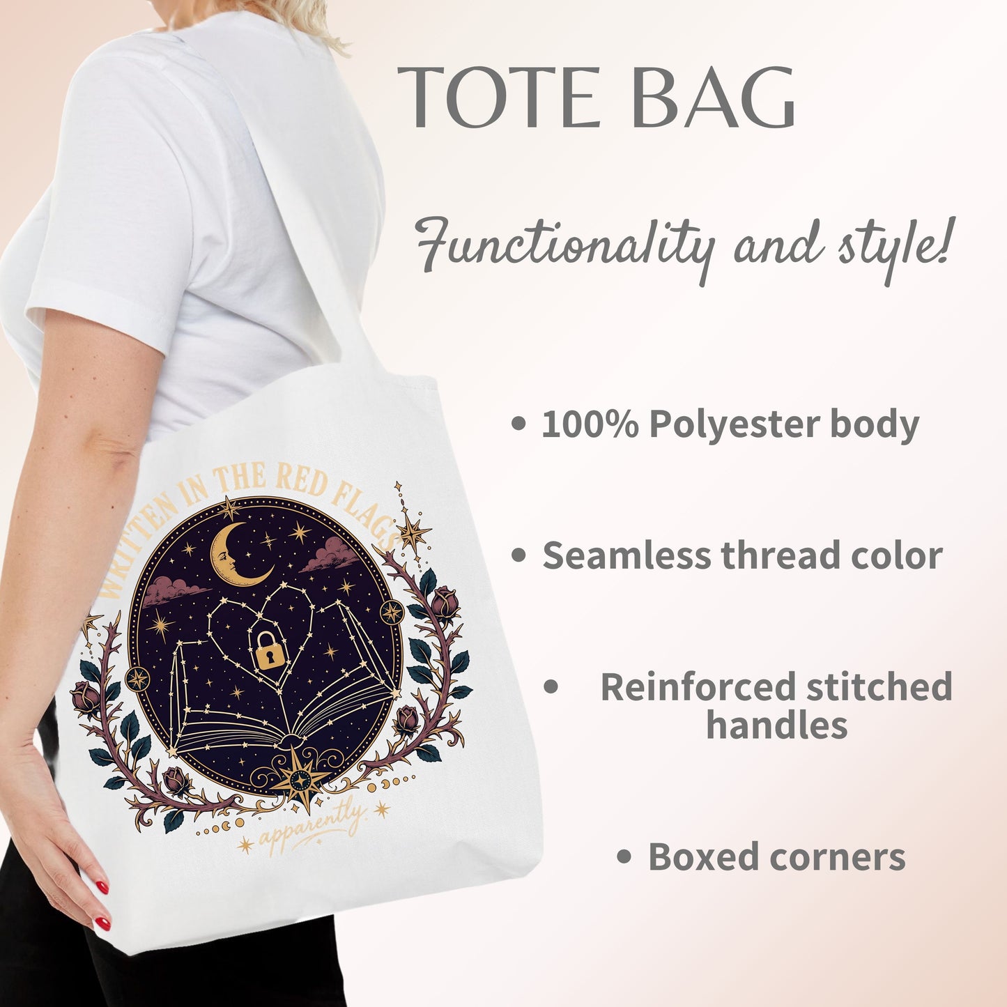 Written in the Red Flags Tote Bag, Dark Romance Book Lover Tote, Celestial Reader Gift, Morally Grey Bookish Bag, BookTok Tote