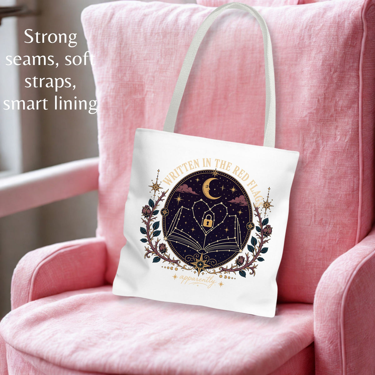 Written in the Red Flags Tote Bag, Dark Romance Book Lover Tote, Celestial Reader Gift, Morally Grey Bookish Bag, BookTok Tote