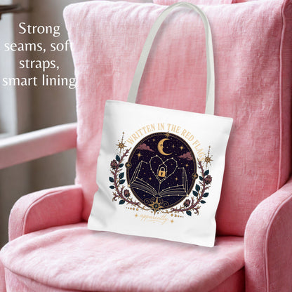 Written in the Red Flags Tote Bag, Dark Romance Book Lover Tote, Celestial Reader Gift, Morally Grey Bookish Bag, BookTok Tote