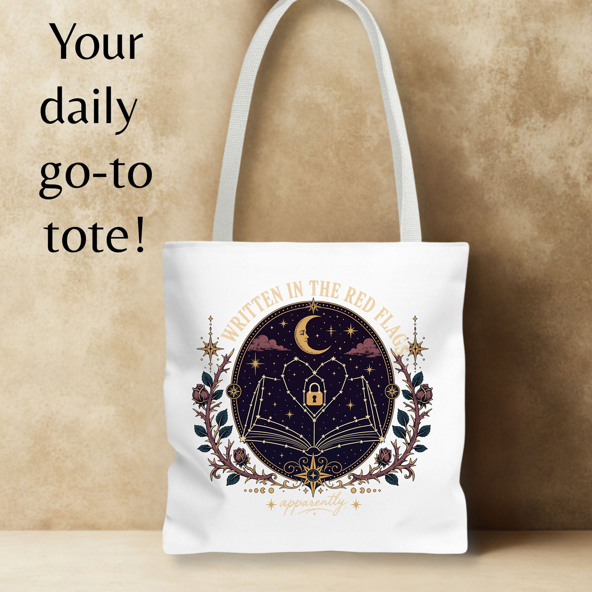 Written in the Red Flags Tote Bag, Dark Romance Book Lover Tote, Celestial Reader Gift, Morally Grey Bookish Bag, BookTok Tote