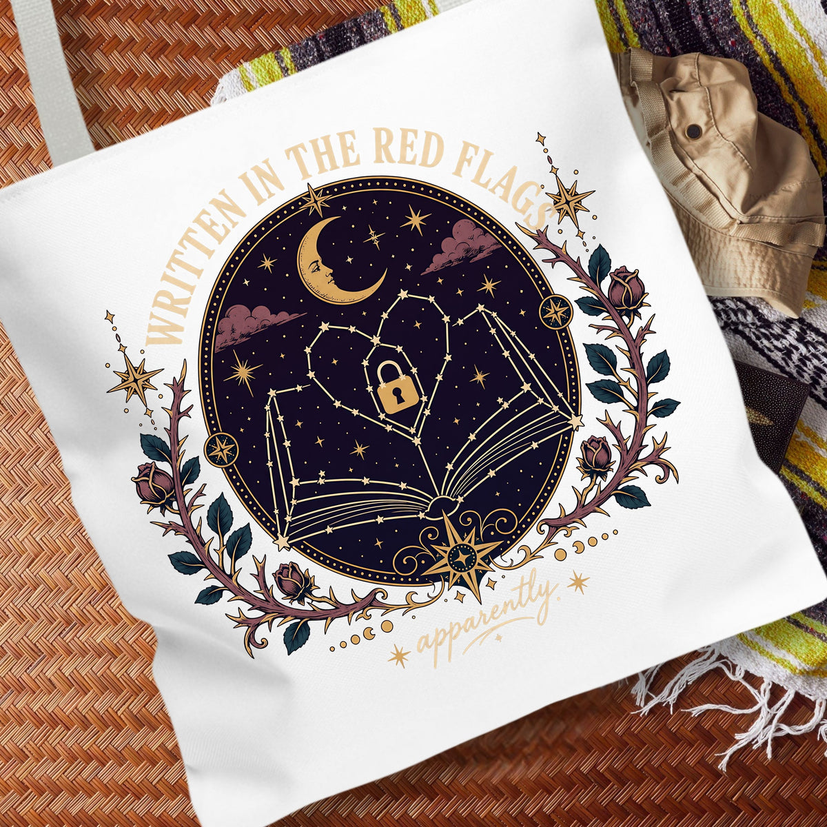 Written in the Red Flags Tote Bag, Dark Romance Book Lover Tote, Celestial Reader Gift, Morally Grey Bookish Bag, BookTok Tote