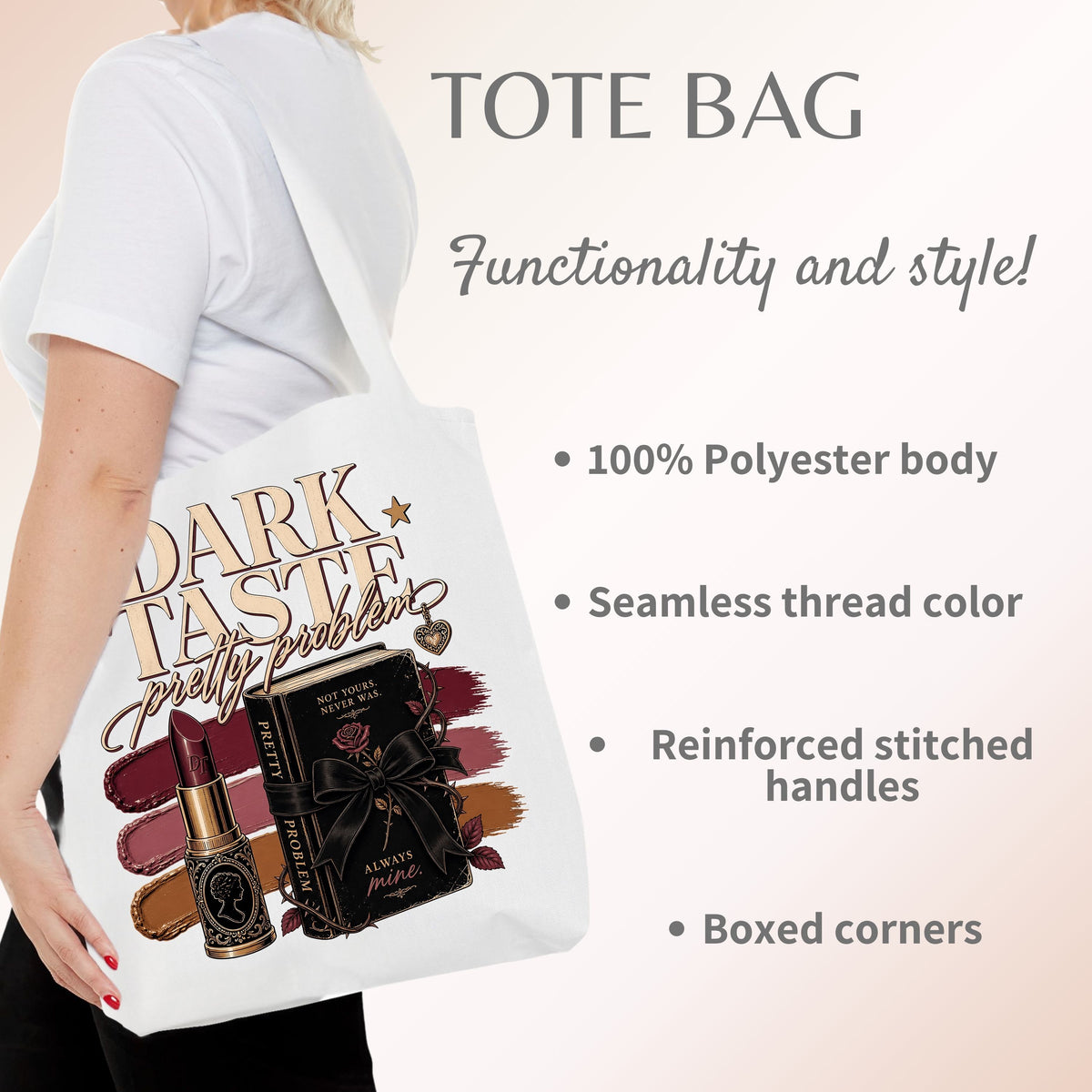 Dark Taste Pretty Problem Tote Bag, Dark Romance Book Lover Tote, Coquette Reader Gift, BookTok Bag, Gothic Bookish Tote