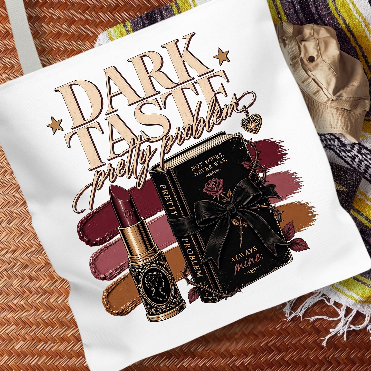 Dark Taste Pretty Problem Tote Bag, Dark Romance Book Lover Tote, Coquette Reader Gift, BookTok Bag, Gothic Bookish Tote
