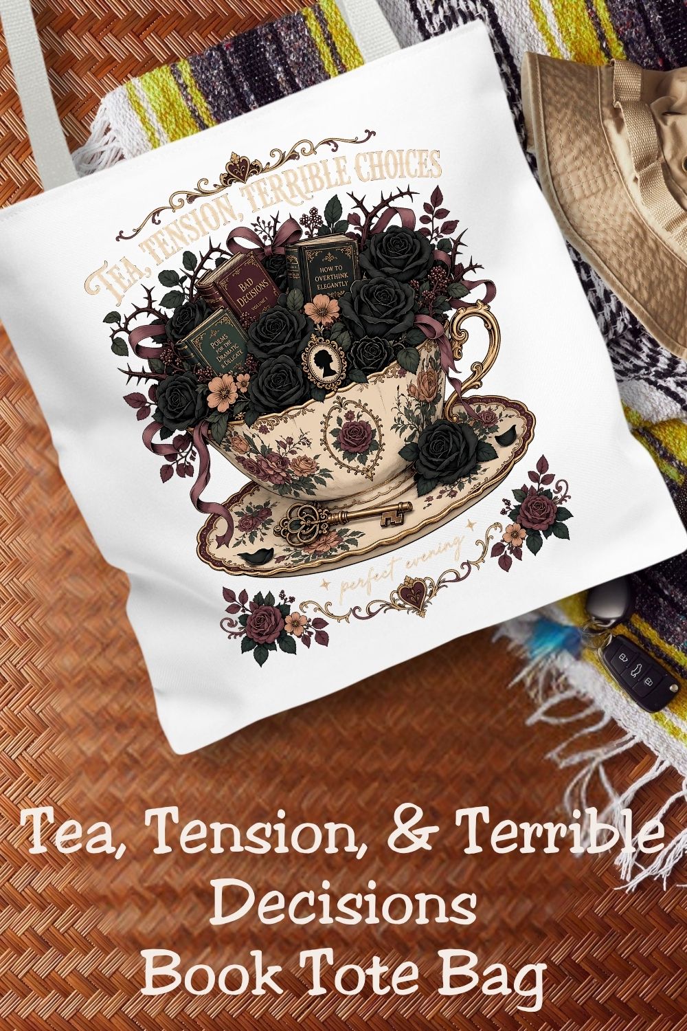 Tea Tension Terrible Choices Tote Bag, Dark Romance Book Lover Tote, Gothic Reader Gift, BookTok Bag, Dark Academia Bookish Tote