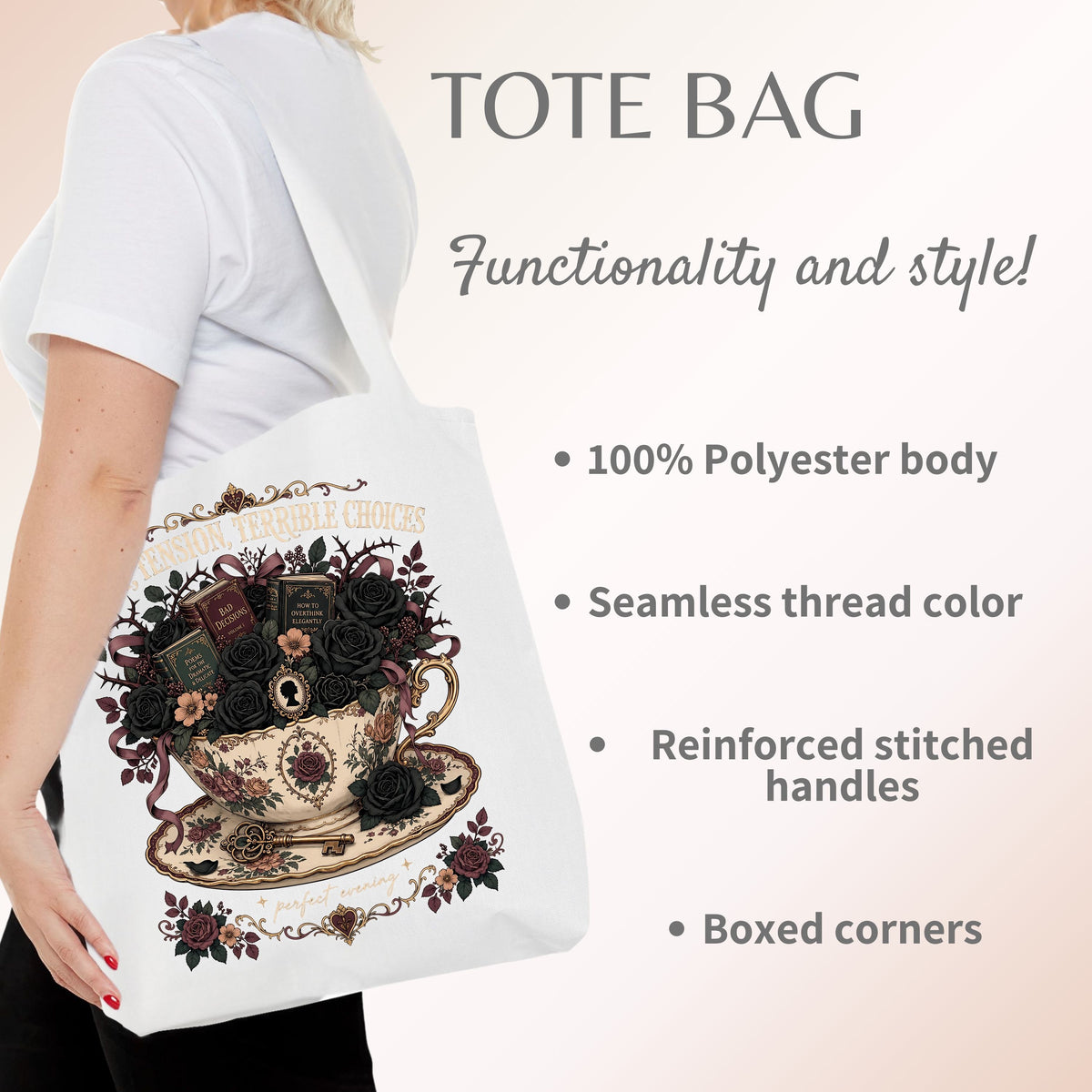 Tea Tension Terrible Choices Tote Bag, Dark Romance Book Lover Tote, Gothic Reader Gift, BookTok Bag, Dark Academia Bookish Tote