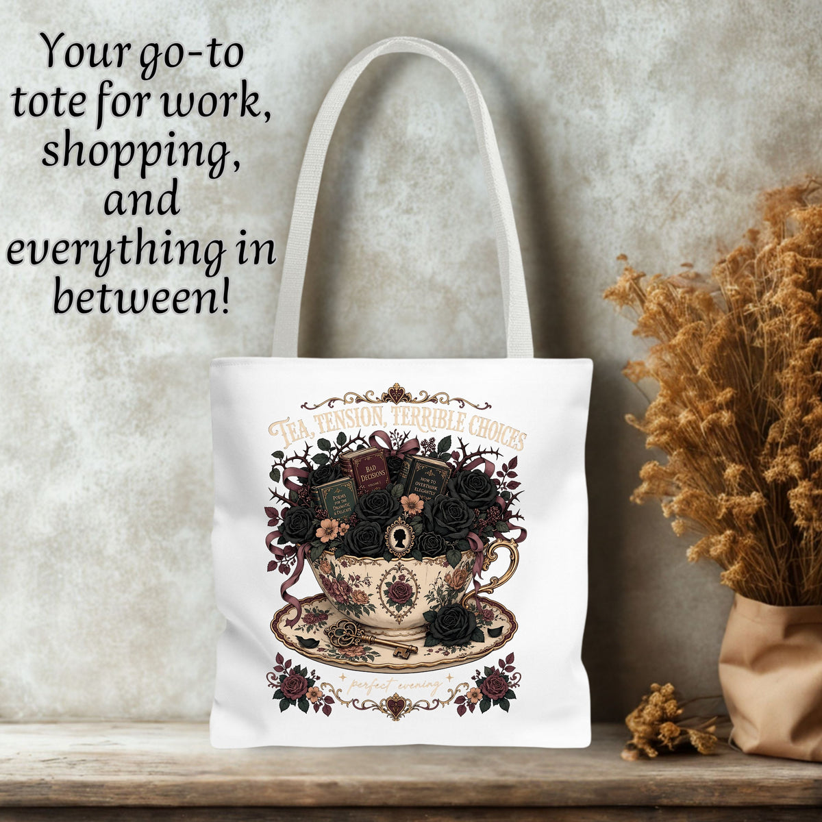 Tea Tension Terrible Choices Tote Bag, Dark Romance Book Lover Tote, Gothic Reader Gift, BookTok Bag, Dark Academia Bookish Tote