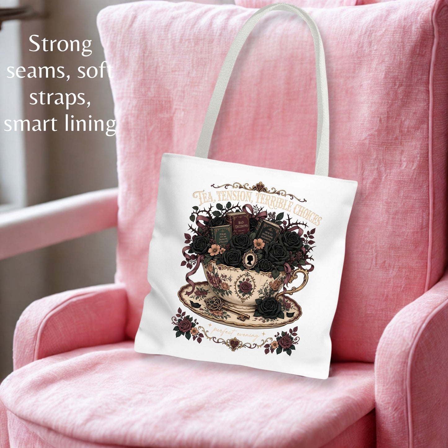 Tea Tension Terrible Choices Tote Bag, Dark Romance Book Lover Tote, Gothic Reader Gift, BookTok Bag, Dark Academia Bookish Tote