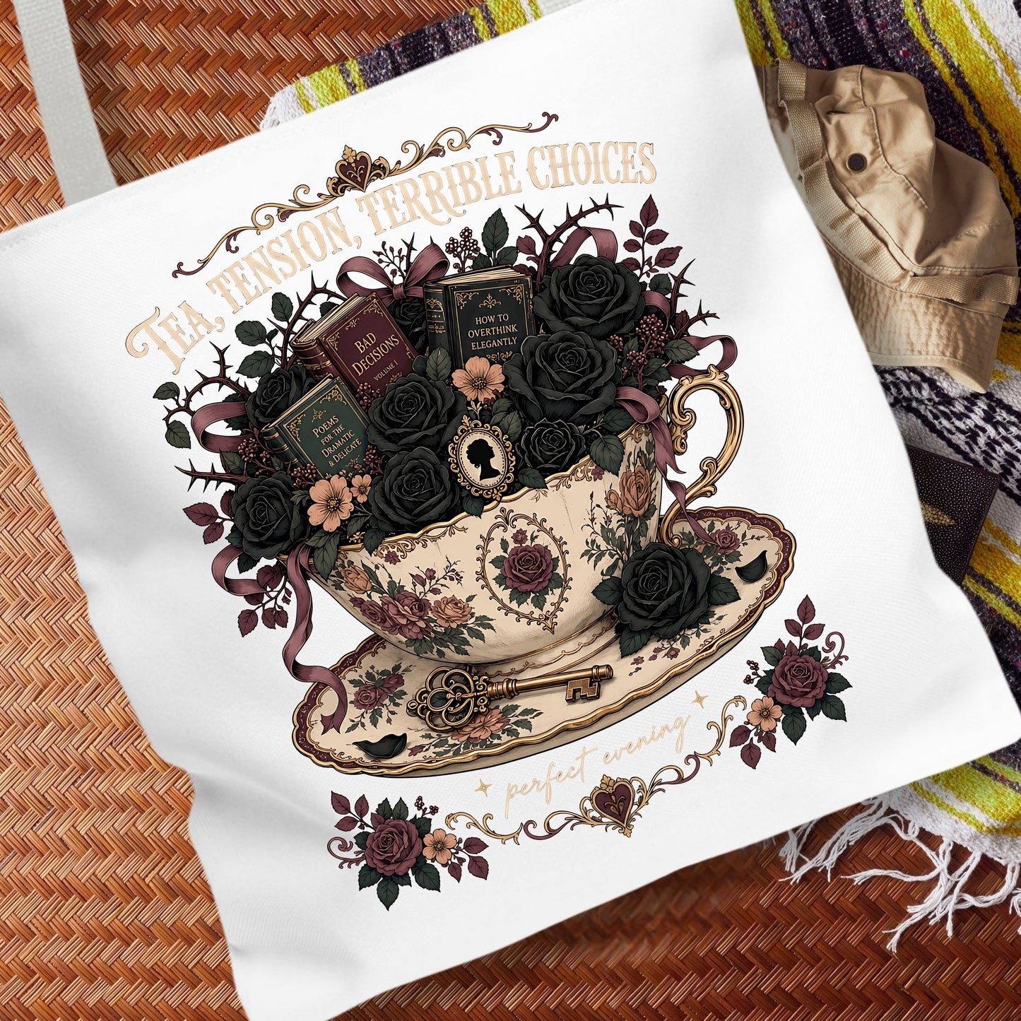 Tea Tension Terrible Choices Tote Bag, Dark Romance Book Lover Tote, Gothic Reader Gift, BookTok Bag, Dark Academia Bookish Tote