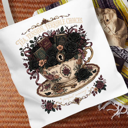 Tea Tension Terrible Choices Tote Bag, Dark Romance Book Lover Tote, Gothic Reader Gift, BookTok Bag, Dark Academia Bookish Tote