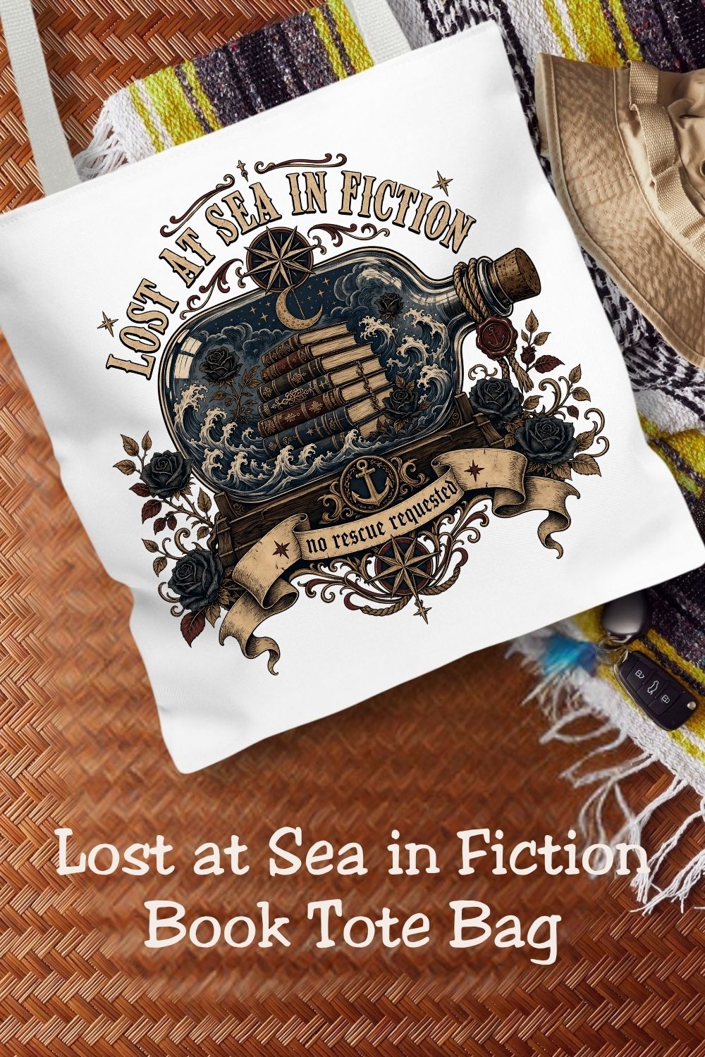 Lost at Sea in Fiction Tote Bag, Dark Romance Book Lover Tote, Nautical Reader Gift, Gothic Bookish Bag, BookTok Romance Tote