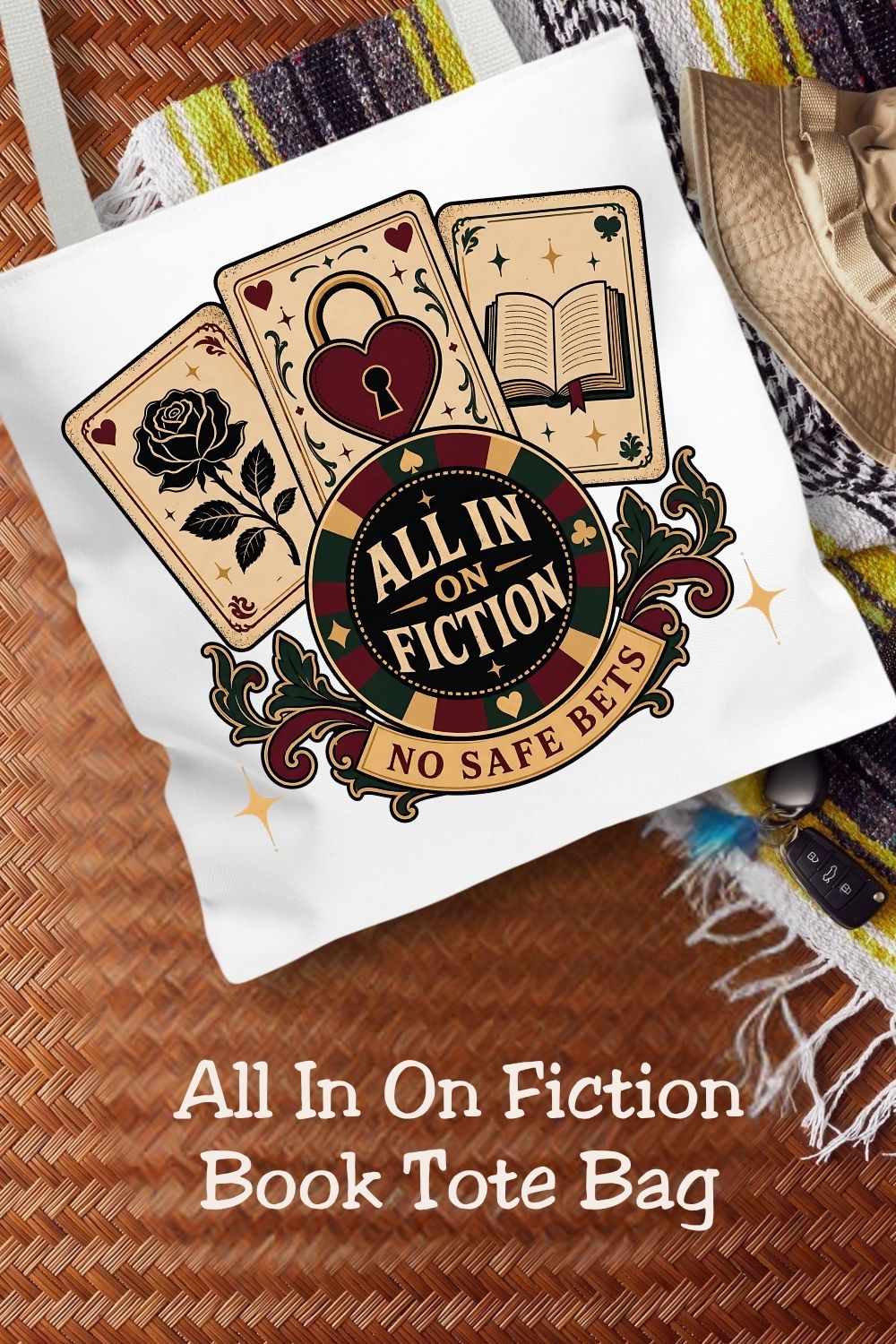 All In on Fiction Tote Bag, No Safe Bets Book Lover Tote, Romance Reader Gift, BookTok Bag, Dark Romance Bookish Tote