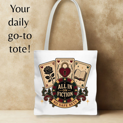 All In on Fiction Tote Bag, No Safe Bets Book Lover Tote, Romance Reader Gift, BookTok Bag, Dark Romance Bookish Tote