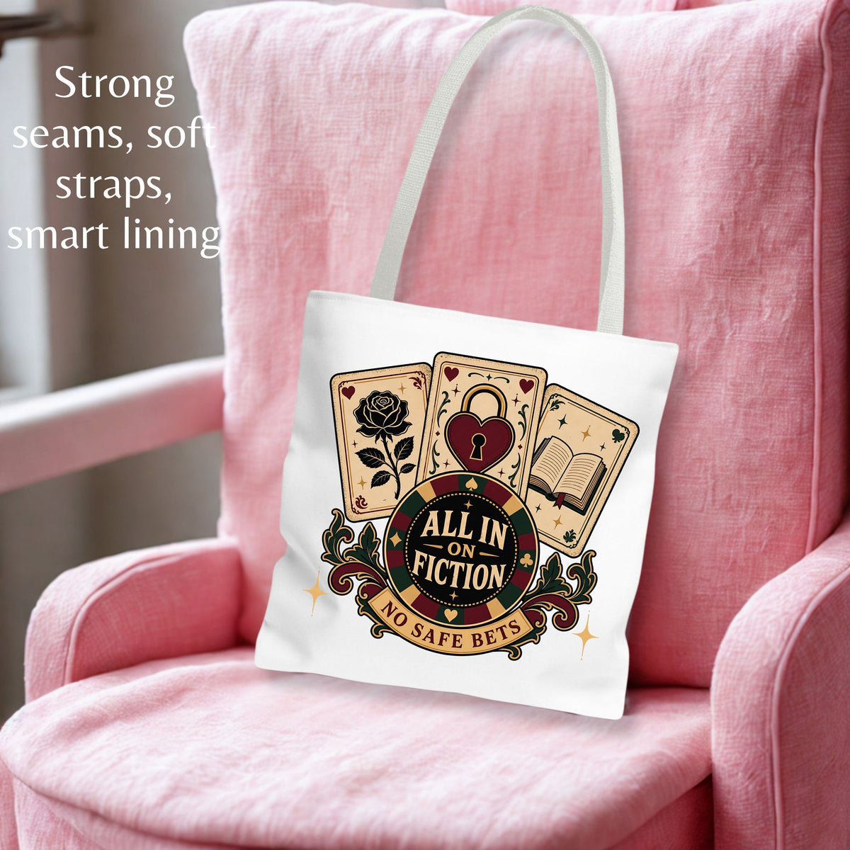 All In on Fiction Tote Bag, No Safe Bets Book Lover Tote, Romance Reader Gift, BookTok Bag, Dark Romance Bookish Tote