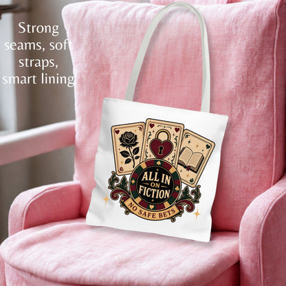 All In on Fiction Tote Bag, No Safe Bets Book Lover Tote, Romance Reader Gift, BookTok Bag, Dark Romance Bookish Tote