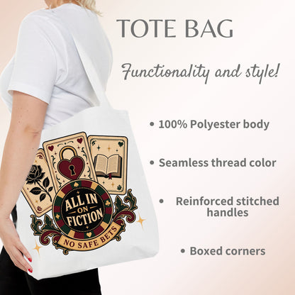 All In on Fiction Tote Bag, No Safe Bets Book Lover Tote, Romance Reader Gift, BookTok Bag, Dark Romance Bookish Tote