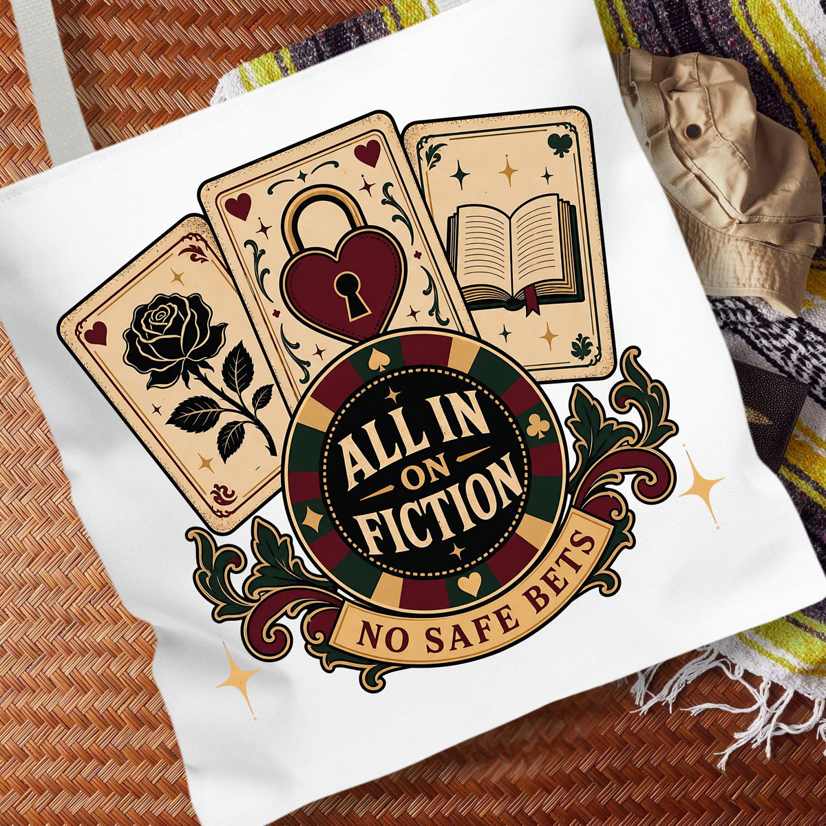 All In on Fiction Tote Bag, No Safe Bets Book Lover Tote, Romance Reader Gift, BookTok Bag, Dark Romance Bookish Tote