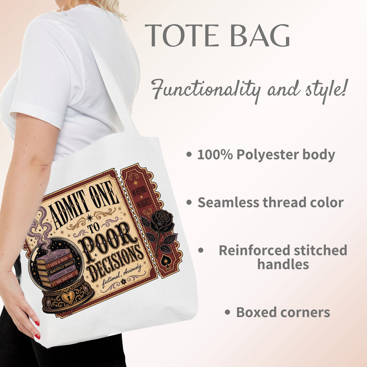 Admit One to Poor Decisions Tote Bag, Dark Romance Book Lover Tote, Funny Reader Gift, BookTok Bag, Fictional Men Bookish Tote