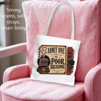 Admit One to Poor Decisions Tote Bag, Dark Romance Book Lover Tote, Funny Reader Gift, BookTok Bag, Fictional Men Bookish Tote