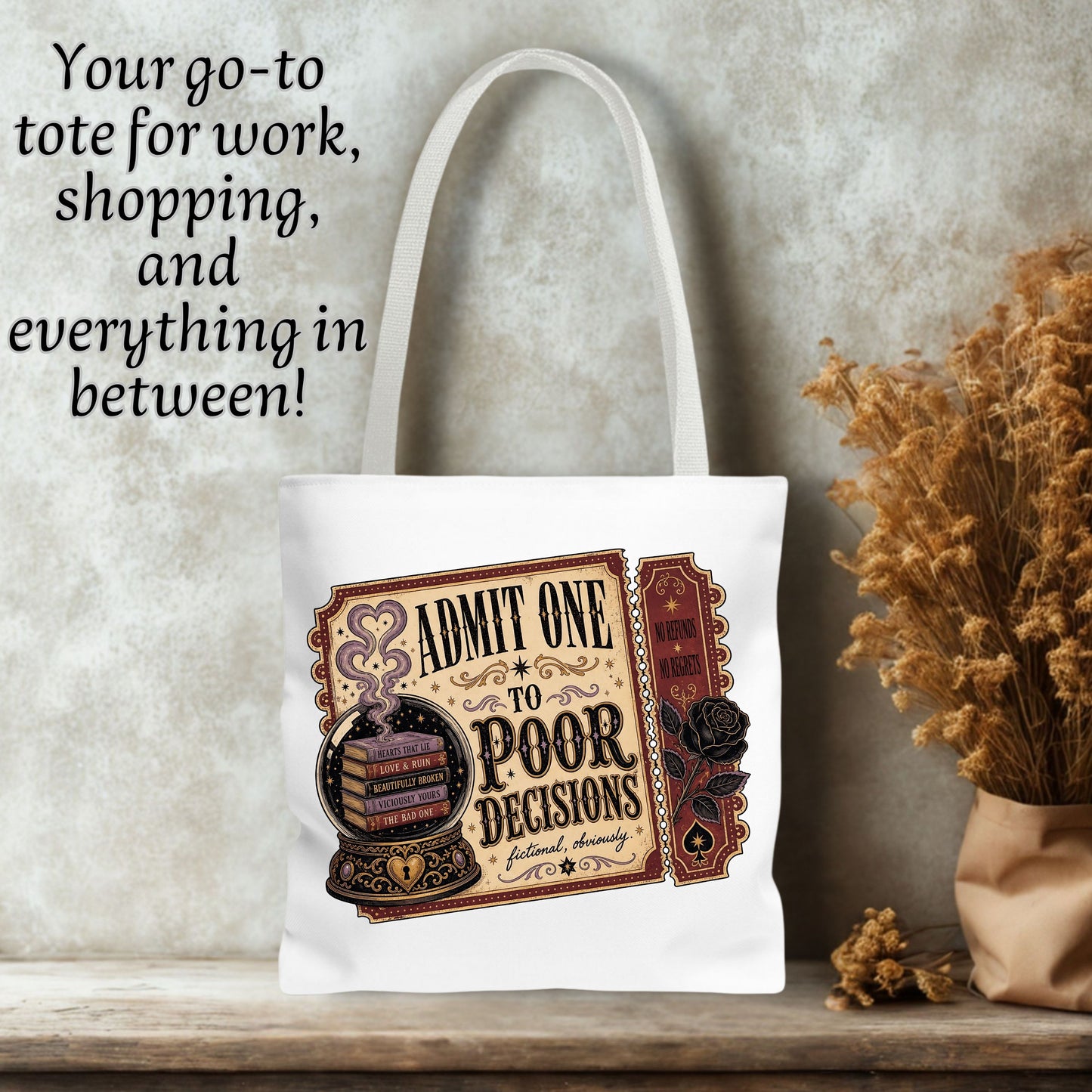 Admit One to Poor Decisions Tote Bag, Dark Romance Book Lover Tote, Funny Reader Gift, BookTok Bag, Fictional Men Bookish Tote